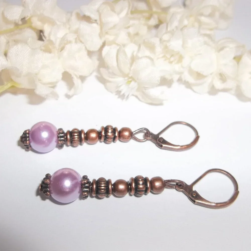 Copper and Purple Beaded Pearl Earrings Set Dangle and Drop Boho Style Pair 6930_4